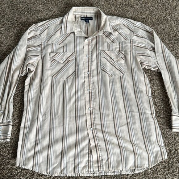 MWG Extra Large Beige Brown Stripe Pearl Snap Western Shirt - Picture 2 of 7